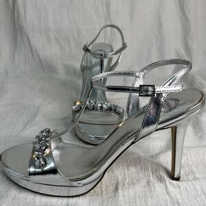 Silver Open Toed T-Strap Rhinestone Stiletto Heel S 10 Prom Wedding Formal Party